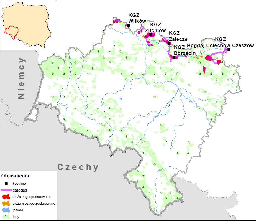 Rozmieszczenie złóż węglowodorów w województwie dolnośląskim Zasoby wydobywalne* (stan na 30.06.2014 r.