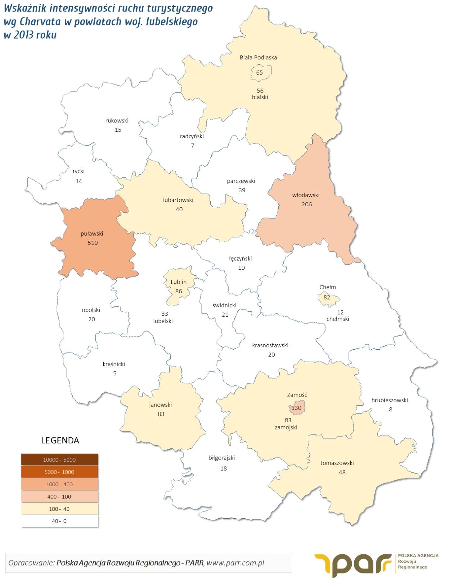 DIAGNOZA SYTUACJI SPOŁECZNO-GOSPODARCZEJ STRATEGIA ROZWOJU GMINY JABŁONNA NA LATA 2015-2022 Mapa 36. Wskaźnik intensywności ruchu turystycznego wg.