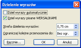 Strona 18 z 54 RYSUNEK 17 NARZĘDZIE AUTOMATYCZNEGO DZIELENIA WYRAZÓW Jak widać na powyższym rysunku, automatyczne dzielnie wyrazów włączamy poprzez kliknięcie odpowiedniego kwadracika.