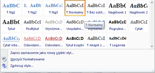 Strona 28 z 54 Rozróżniamy style znakowe oraz style akapitowe, szczególnie te drugie są istotne podczas tworzenia nowych dokumentów.