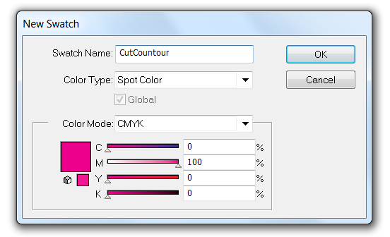 8.2 Wykrojnik należy przygotować na dodatkowej warstwie jako obrys i zapisać w pliku PDF. Kolor wykrojnika należy dodać do biblioteki jako kolor specjalny i nazwać go CutContour. Linia cięcia 8.