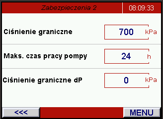 8.3.7. Ekran: Zabezpieczenia Menu Zabezpieczenia Czas załączenia opóźnienie załączenia suchobiegu.