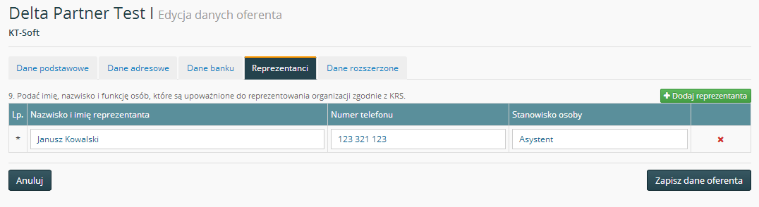 2.1.2.3 Dane banku W zakładce dane banku należy podać nazwę banku oraz numer rachunku bankowego organizacji. [Rysunek 12].