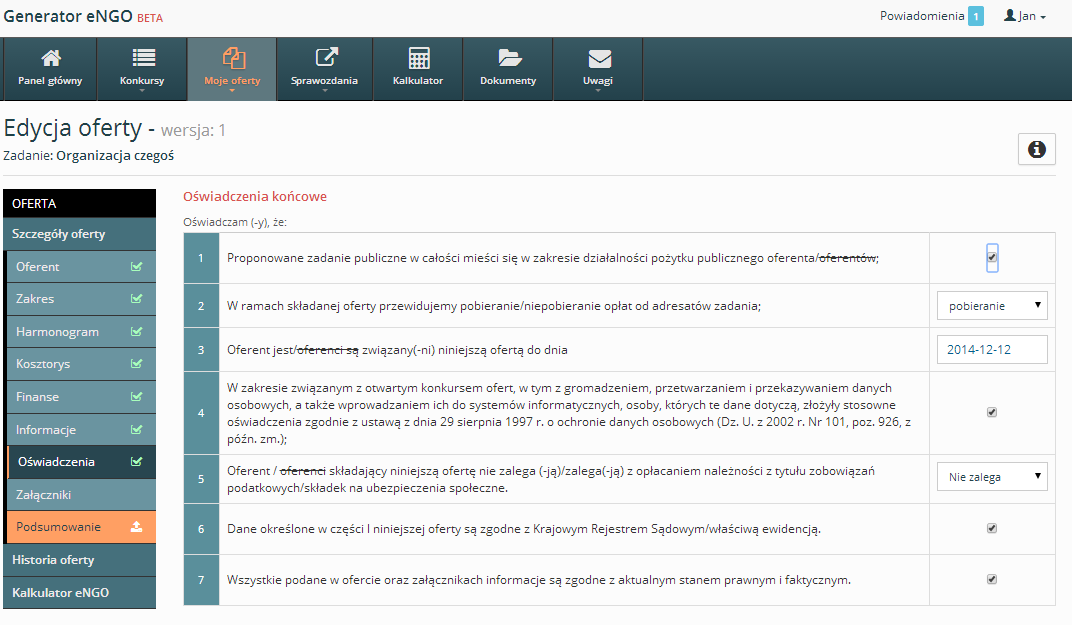 Rysunek 31 Edycja oferty Oświadczenia Jest to ostatnia zakładka w formularza składania oferty.