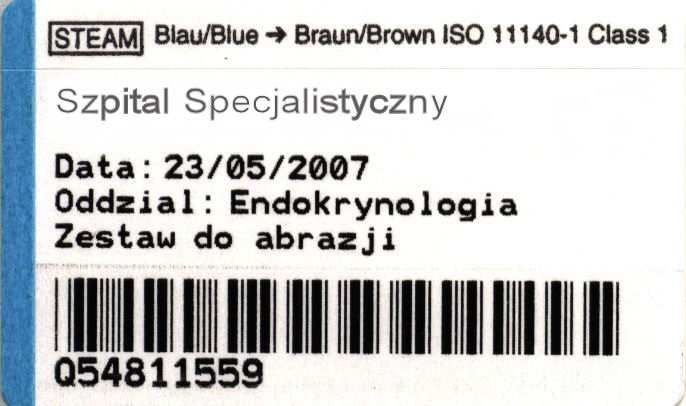 sterylizacji. Dodatkowo na nalepce istnieje moŝliwość umieszczenia róŝnych istotnych informacji np.: daty waŝności zestawu, daty pakowania, nazwy zestawu, właściciela zestawu itp.