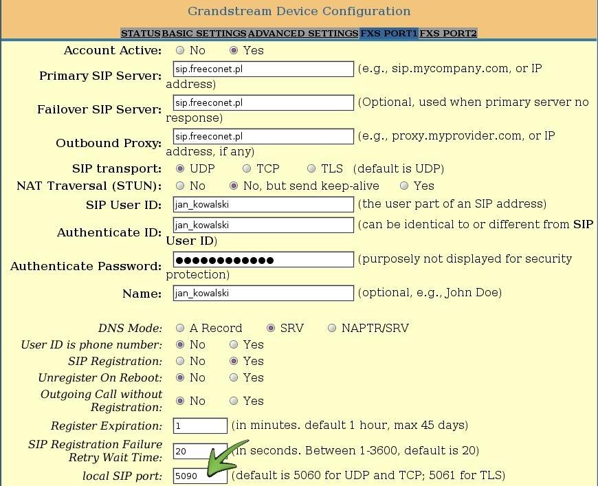 PORT ze skonfigurowanym kontem FreecoNet w polu "authenticate password" i zapisać ustawienia. II. Konfiguracja bramki VoIP Grandstream HT502 w przeglądarce WWW 1.