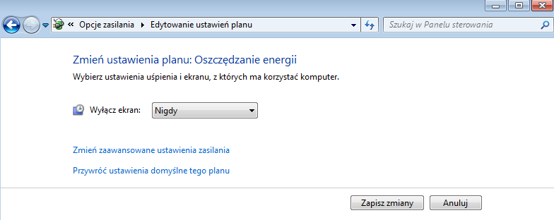 Opcje zasilania Edytowanie ustawień planu Wyłącz ekran : Nigdy Gadżety pulpitu Windows (dostępne od