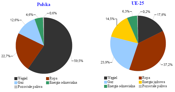 a) Specyfika aktualnej gospodarki energetycznej Polski dominujący udział węgla w pokrywaniu potrzeb energetycznych kraju (rys.