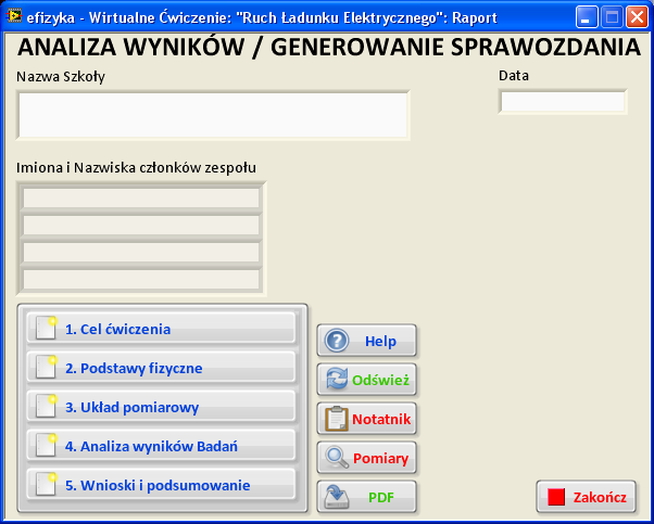 Rys. 10 Okno analizy wyników i generowania sprawozdania Przycisku Dodaj Pomiar Do Wykresu zapisuje aktualnie mierzony punkt pomiarowy na wykresie programu wirtualnego laptopa, dla aktywnej serii