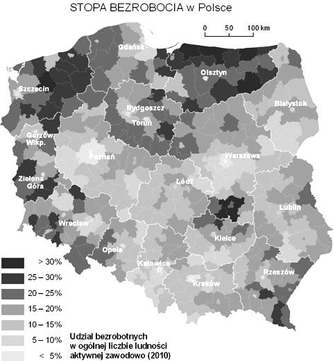 23.Mapa przedstawia wielkość bezrobocia w Polsce Wymień województwa o największym bezrobociu i podaj przyczyny takiego stanu rzeczy. 24.