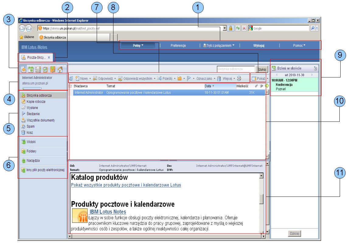 Interfejs użytkownika Interfejs użytkownika programu Domino Web Access uruchamianego w
