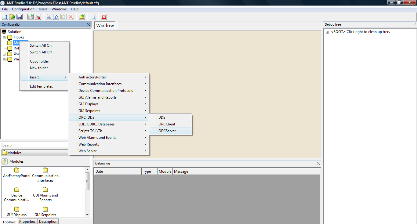 Krok 1: Uruchom ANT Studio i dodaj do drzewka konfiguracyjnego moduł OPC Server Step 1: Run ANT Studio and add
