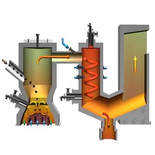 Przykłady realizacji odzysku energii z odpadów w skali przemysłowej ZGAZOWANIE ODPADÓW Technologia Alstom/EBARA proces TwinRec Zgazowanie i spalanie wysokotemperaturowe: bezciśnieniowy reaktor z