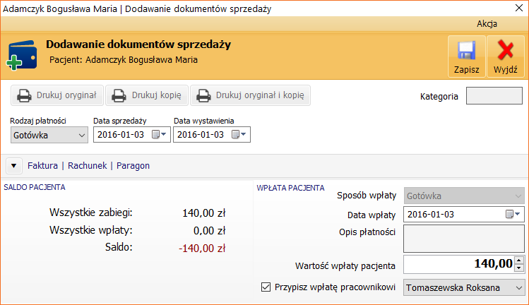 Rys. Podstawowy sposób rozliczania pacjenta 3.4.3. Wystawianie dokumentów sprzedaży Aby mieć możliwość wystawiania dokumentu sprzedaży należy rozwinąć zakładkę Faktura Rachunek Paragon.