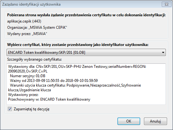 12. Wybierz właściwy certyfikat i potwierdź klikając OK. 13. Potwierdź klikając OK. 14.