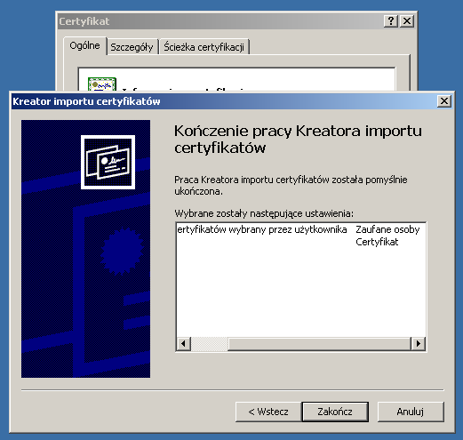 wcisnąć przycisk Zakończ, tak jak pokazano na rysunku poniżej. 4. Konfiguracja aplikacji. Do konfiguracji aplikacji służy plik epuap.doreczyciel.exe.config.