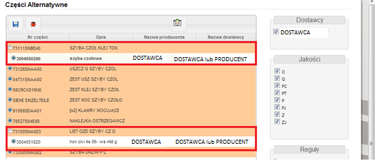 Program, jeśli znajdzie odpowiedniki części oryginalnych, wyświetli użytkownikowi dostępne części zamienne sygnowane znakiem PRODUCENTA lub DOSTAWCY oraz domyślnie zaznaczy tę część.