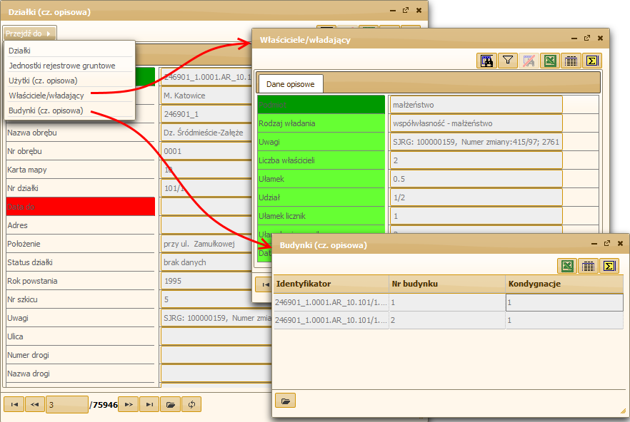 Przykładowo, Użytkownik może przejść do danych budynków i właścicieli powiązanych z działką. Przechodząc do formatki Działki za pomocą Przejdź do Działki Użytkownik może wyświetlić działkę na mapie.