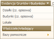 3.4 Właściciele/władający W celu przeglądania danych opisowych właścicieli lub władających należy wybrać z menu Ewidencja Gruntów i Budynków Właściciele/władający.