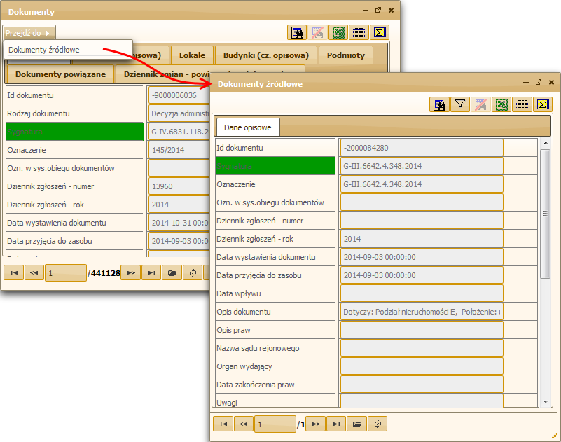 Użytkownik może także przejść do dokumentów źródłowych, powiązanych z wybranym dokumentem, za pomocą przycisku Przejdź
