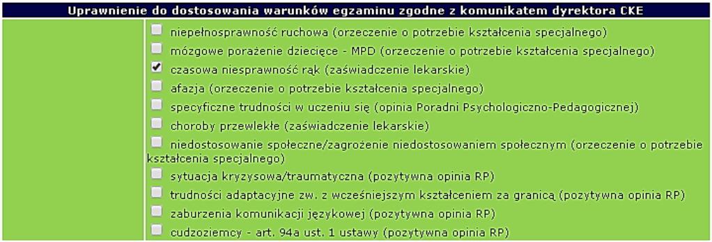 Wprowadzanie informacji o dostosowaniu rozpoczyna się od zaznaczenia pola Dostosowanie warunków egzaminu.
