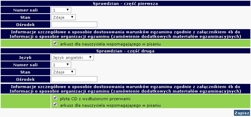 3 Po wybraniu uprawnienia system zaproponuje możliwe dostosowania warunków zgodne z ww. komunikatem oraz określonym wcześniej typem arkusza egzaminacyjnego.