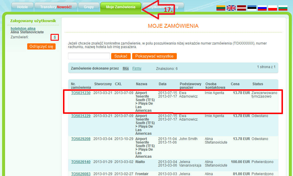 17. Można odnaleźć nowę Rezerwację transfera i wszystkie inne rezerwacje w meniu