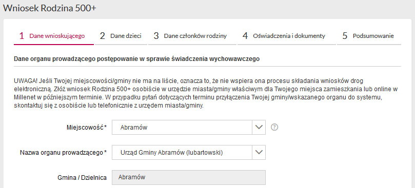 KROK 1 DANE WNIOSKUJĄCEGO Na pierwszej stronie formularza podaj dane organu prowadzącego np. organu pomocy społecznej, który będzie przyjmował i weryfikował wniosek.