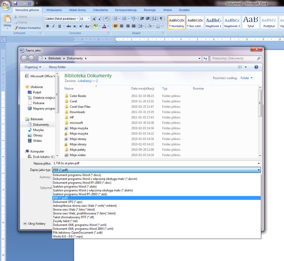 MS Office 2010 Utworzenie pliku PDF poprzez zapisanie w formacie PDF (Zapisz jako...) wprost z poziomu edytora MS Word lub MS Excel.