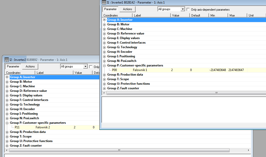 Następnie sprawdzamy komunikację zmiana Parametru P00 na Inwerter1 powoduje zmianę parametru P11 na