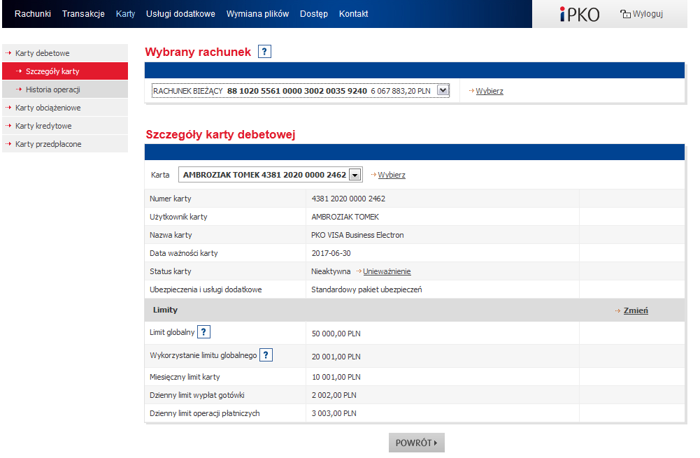 Szczegóły karty Strona prezentuje w czasie rzeczywistym informacje dotyczące danej karty debetowej wydanej do rachunku, wraz z limitami wydatków określonymi na karcie.