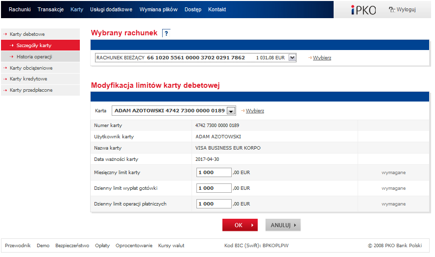 Funkcje aktywne zarządzanie uprawnieniami W zależności od nadanych uprawnień użytkownik ipko biznes ma możliwość dostępu do funkcji aktywnych.