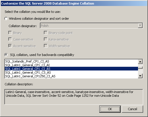 W oknie Server Configuration, naleŝy przejść do zakładki Collation i przy polu Database Engine nacisnąć przycisk Customize.