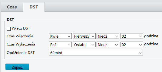 Ustawienie DST czas letni / czas zimowy 1. Kliknij Ustawienia > Podstawowe > Czas, a później zakładkę DST. 2. Zaznacz opcję Włącz dla DST 3. Naciśnij Save.