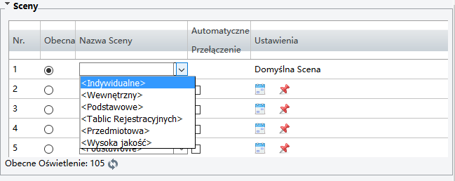 UWAGA! Jeżeli zostanie zaznaczony parametr automatyczne przełączenie, kamera będzie automatycznie przełączała się pomiędzy ustawieniami sceny.