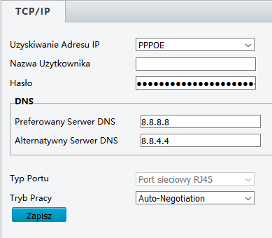 Statyczny adres IP 1. Kliknij Ustawienia > Podstawowe > TCP/IP. PPPoE 2. Zaznacz adres IP statyczny z pola wyboru Uzyskiwanie adresu IP. 3.