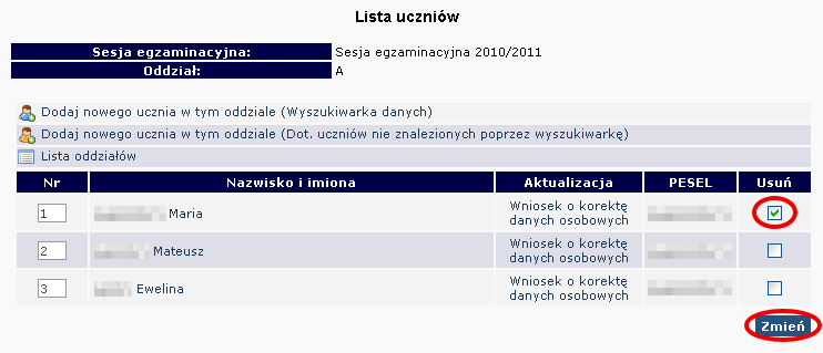 2.9. Usunięcie ucznia z list zdających Zmiany na listach uczniów naleŝy niezwłocznie wprowadzić do systemu OBIEG.