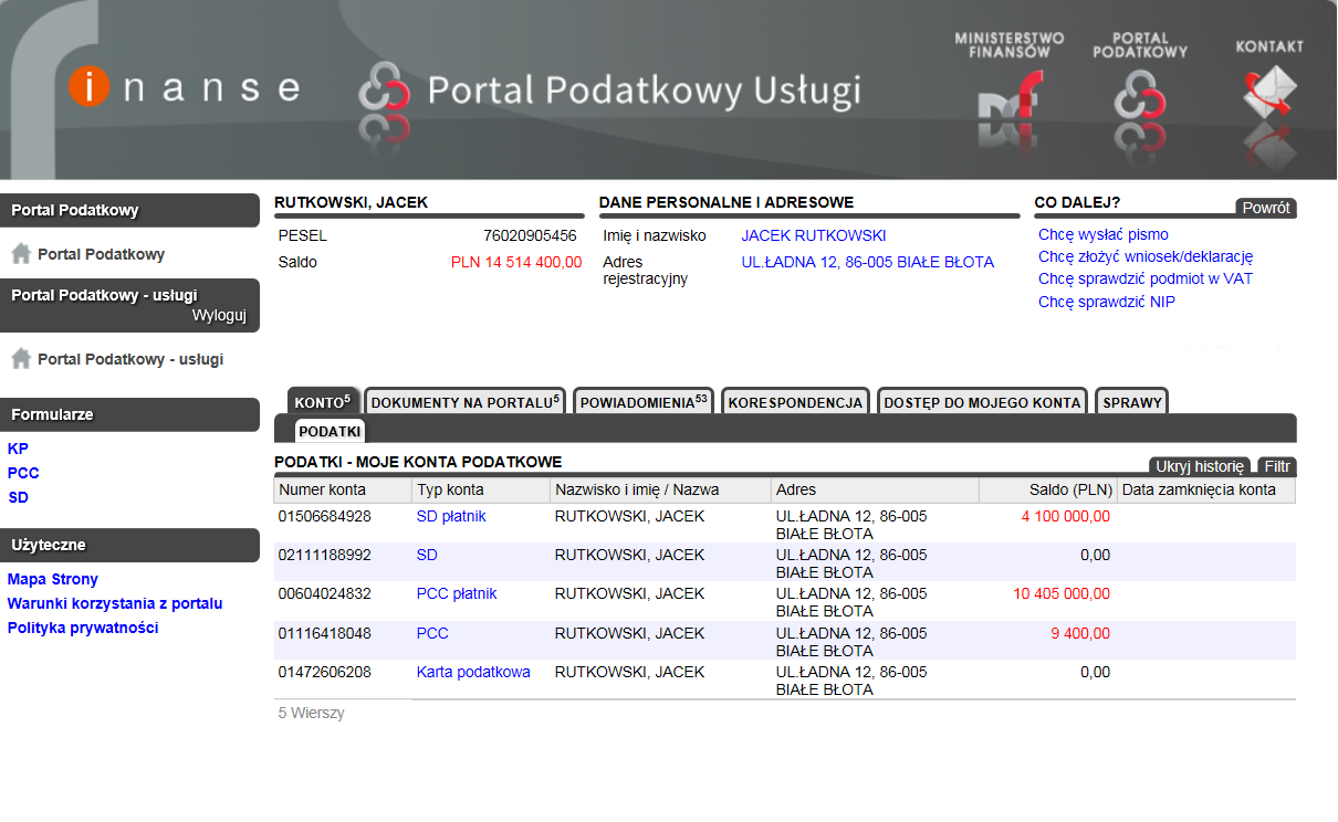 Krok 3 Rysunek 153 Portal Podatkowy usługi Ekran z informacjami na temat konta Na ekranie zostanie wyświetlone okno przedstawione na rysunku powyżej.