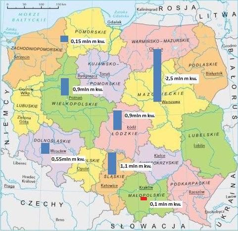 Zasoby powierzchni logistycznej: Warszawa leaderem, słaby Kraków Rys.1. Zasoby nowoczesnej powierzchni logistycznej w Polsce. Źródło IA MRN.