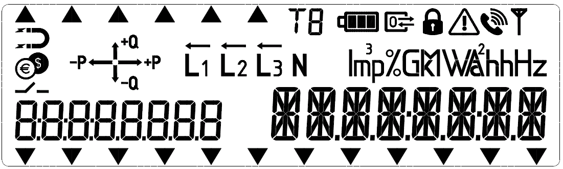 6.5.4. 8.8.0. Energia bierna pojemnościowa ( Rc), 6.5.5. 0.9.1. Aktualny czas, 6.5.6. 0.9.2. Aktualna data, 6.5.7. 0.2.2. Grupa taryfowa. 6.6. Licznik musi mieć możliwość automatycznego i ręcznego przewijania komunikatów na wyświetlaczu.