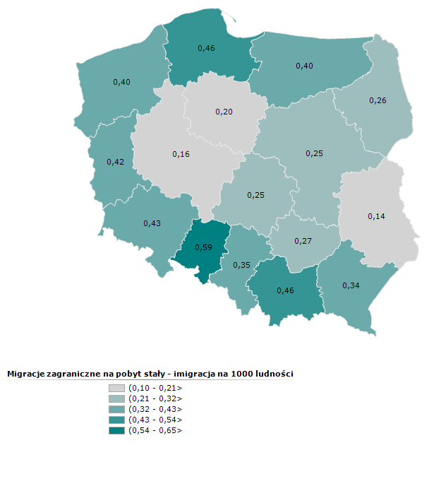 -2,4-1,9-2,0-1,6-0,5-0,6-0,7-0,7-0,8-0,8-0,9 1,1 0,8 0,4 1,3 2,5 Mapa 3. Migracje zagraniczne na pobyt stały emigracja i imigracja ogółem w 2014 r. (osoby/1 tys.