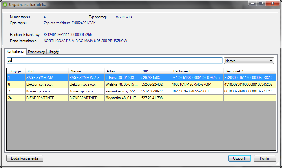 Na oknie można filtrowad kontrahentów po nazwie, kodzie, nipie oraz pozycji. Dane dotyczące aktualnego zapisu w wyciągu bankowego znajdują się w górnej części okna.