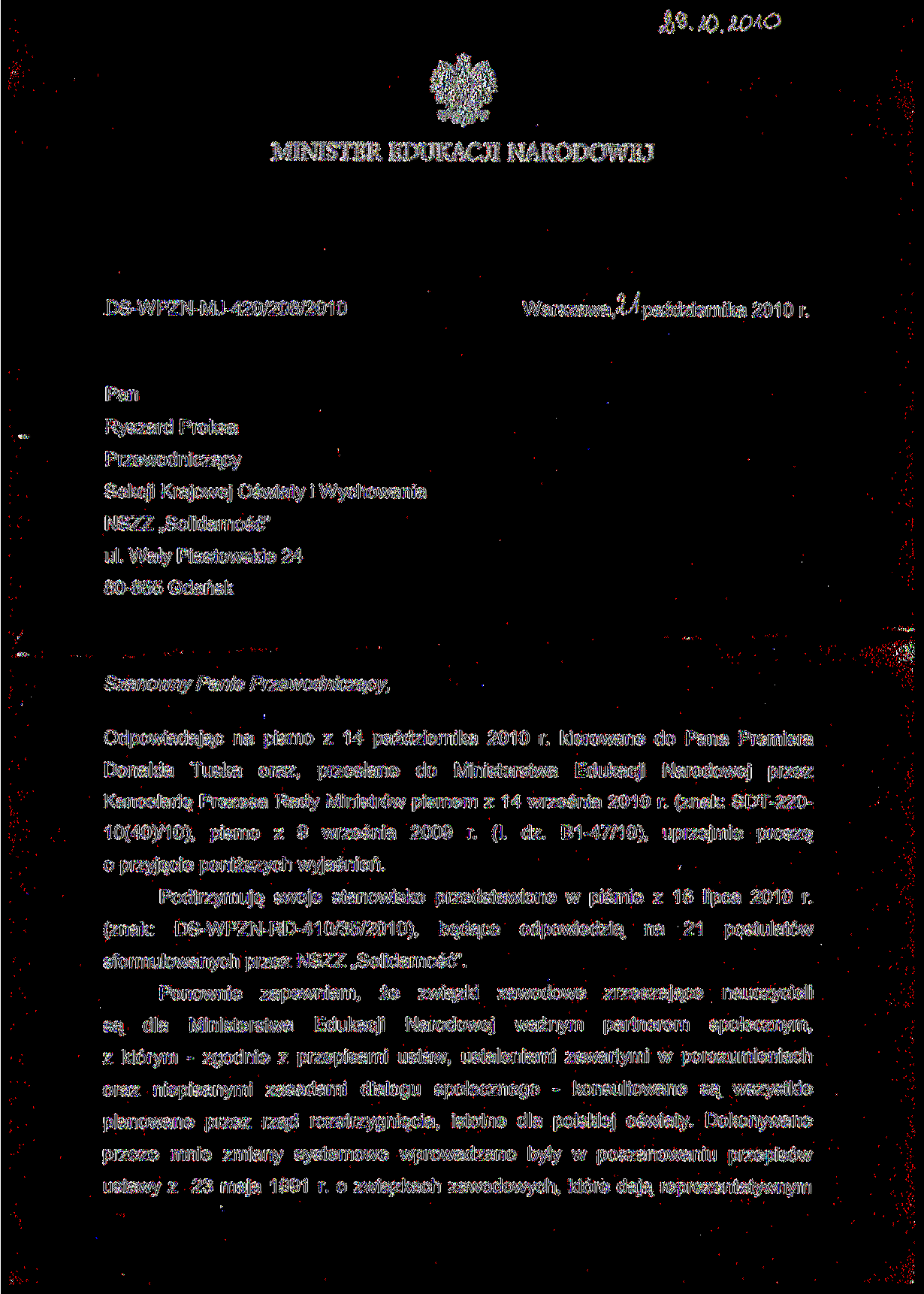 DS-WPZN-MJ-420/208/2010 Warsaa,xpaźdiernika 2010 r. Pan Rysard Proksa Preodnicący Sekcji Krajoej Ośiaty i Wychoania NSZZ Solidarność" ul.