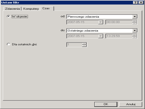 130 Kaspersky Administratin Kit Rysunek 100. Knfigurwanie filtra zdarzeń. Zakładka Czas 5. P zakńczeniu knfiguracji ustawień dla filtra należy kliknąć przycisk OK.