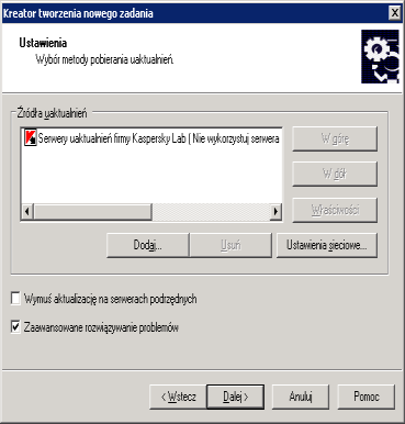 134 Kaspersky Administratin Kit Rysunek 103. Twrzenie zadania aktualizacji. Knfigurwanie ustawień pbierania uaktualnień Przy użyciu przycisków Ddaj.