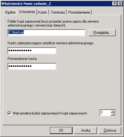 Obsługa 181 Rysunek 145. Knfiguracja ustawień zadania twrzenia kpii zapaswej 5.9.4. Narzędzie d twrzenia kpii zapaswej 5.9.4.1. Ręczne twrzenie kpii zapaswej danych serwera administracyjneg.
