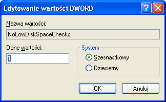 Rysunek 2.7. Zmiana wartości NoLowDiskSpaceChecks Konfiguracja menu Start Ćwiczenie 2.9.