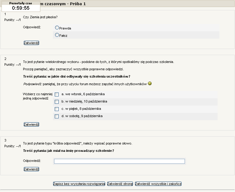 Przez cały czas trwania quizu widoczny jest pozostały czas (jeżeli quiz ma limit czasowy). Pod każdym pytaniem dostępny jest przycisk zatwierdź, który sprawdza pytanie i wyświetla wynik.