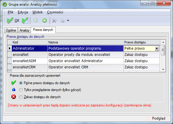 Rys. 28 Ustalanie praw dostępu do grupy analiz Foldery z analizami i wzorcami Po włączeniu