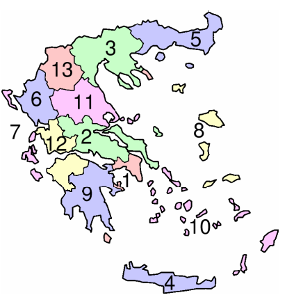 II. Warunki rozwoju turystyki: A) podział administracyjny Grecji Ryc. 2. Mapa regionów Grecji. Źródło: http://pl.wikipedia.org 1. Attyka 2. Grecja Środkowa 3. Macedonia Środkowa 4.
